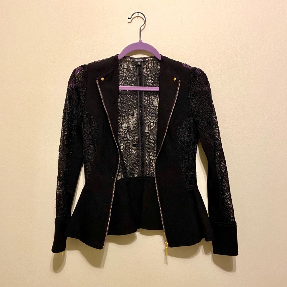 Black solid+lace zip up peplum blazer from XOXO